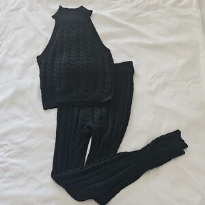 Fashion Nova Black Cable-Knit Sleeveless Top & Pants Set